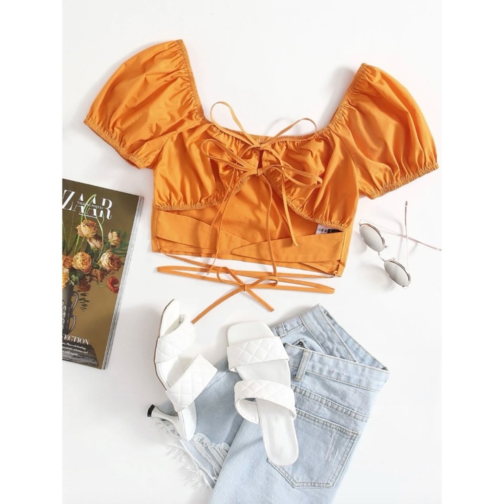SHEIN Tie Front Puff Sleeve Criss Cross Top